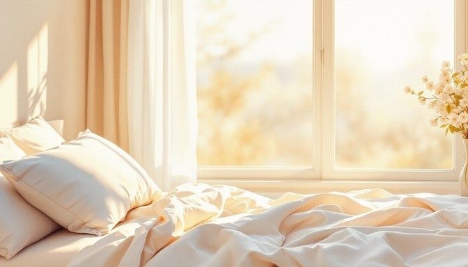 Ljust sovrum med obäddad säng i varmt morgonljus